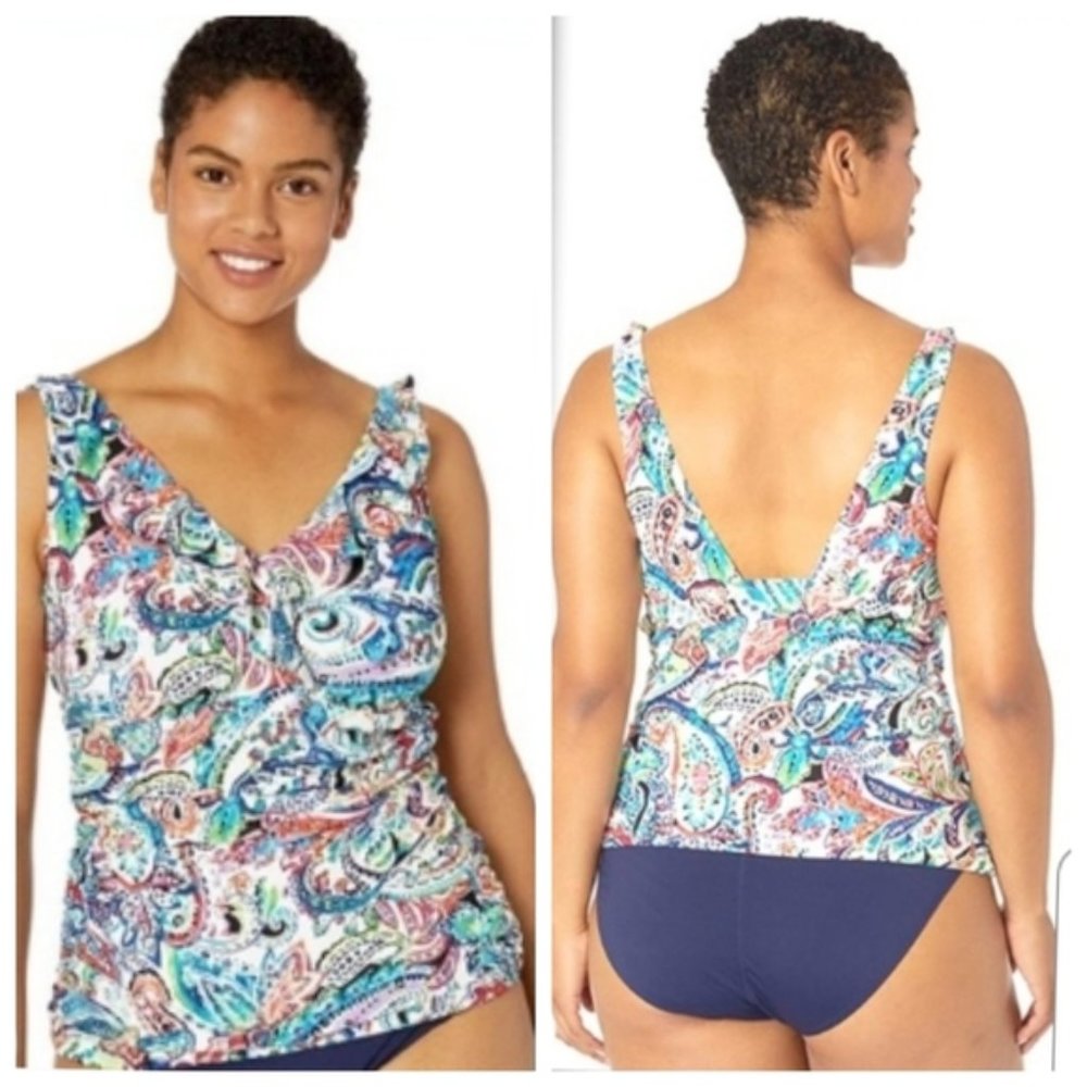 Chaps Paisley Print Shirred Ruffle Tankini Top Slimming Fit